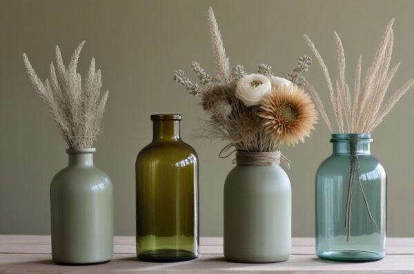 Botellas de vidrio recicladas pintadas en verde salvia y tonos tierra como centros de mesa con flores secas
