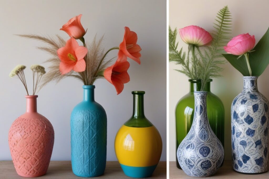 Antes y después de botellas de vidrio transformadas en jarrones decorativos con patrones botánicos