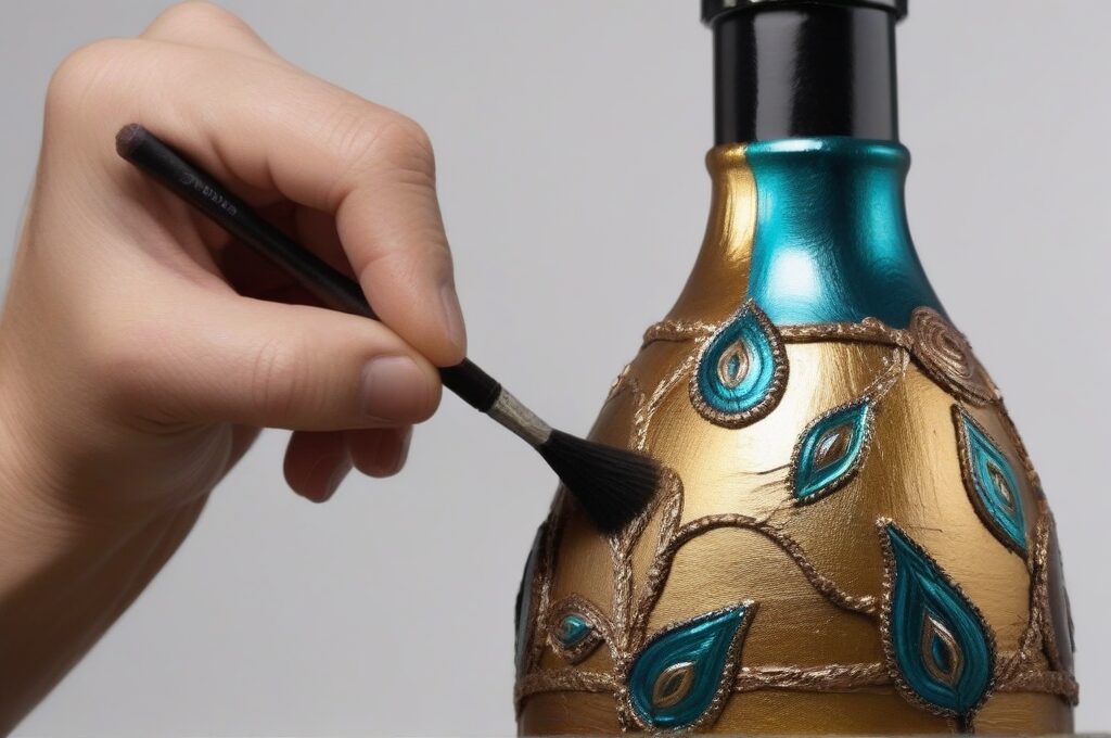 Primer plano de una mano pintando una botella de vino reciclada con pinturas metálicas y acrílicas
