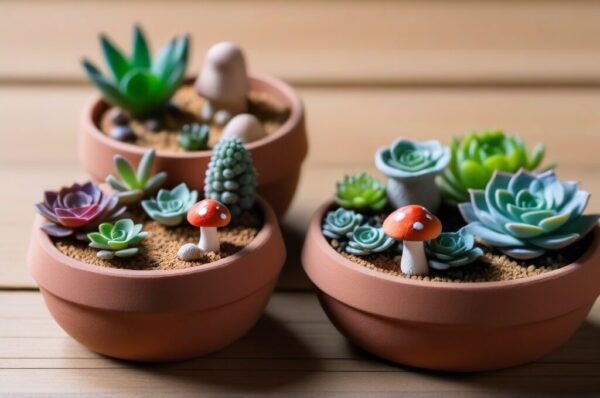 Miniaturas coloridas de arcilla air dry: macetitas, setas y suculentas sobre superficie de madera con luz natural