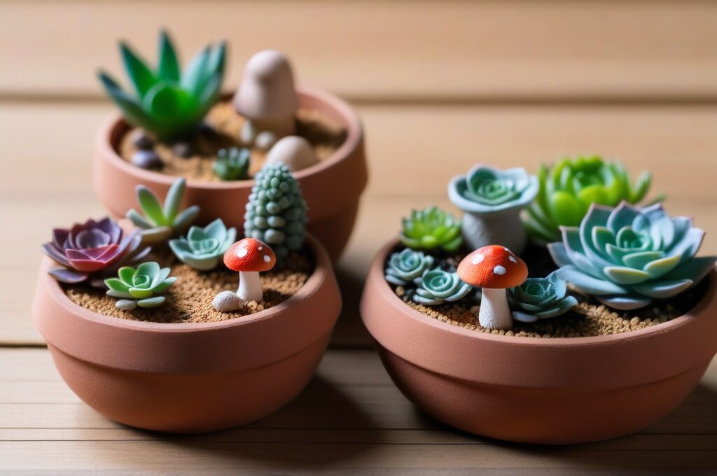 Miniaturas coloridas de arcilla air dry: macetitas, setas y suculentas sobre superficie de madera con luz natural