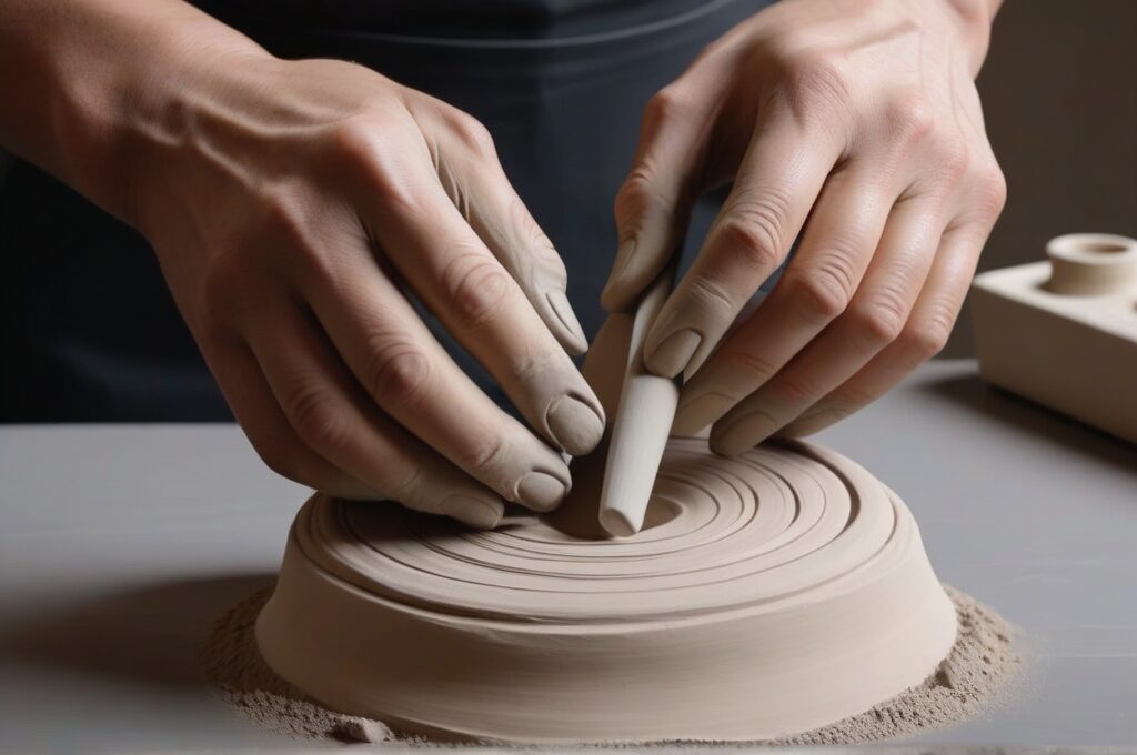 Manos modelando arcilla air dry con herramientas profesionales y piezas terminadas en estudio cálido