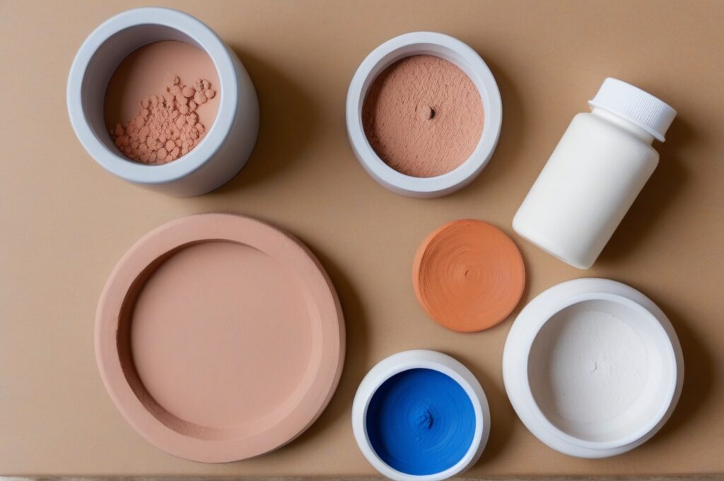 Vista cenital de materiales de pintura y miniaturas de arcilla air dry en proceso sobre mesa de manualidades