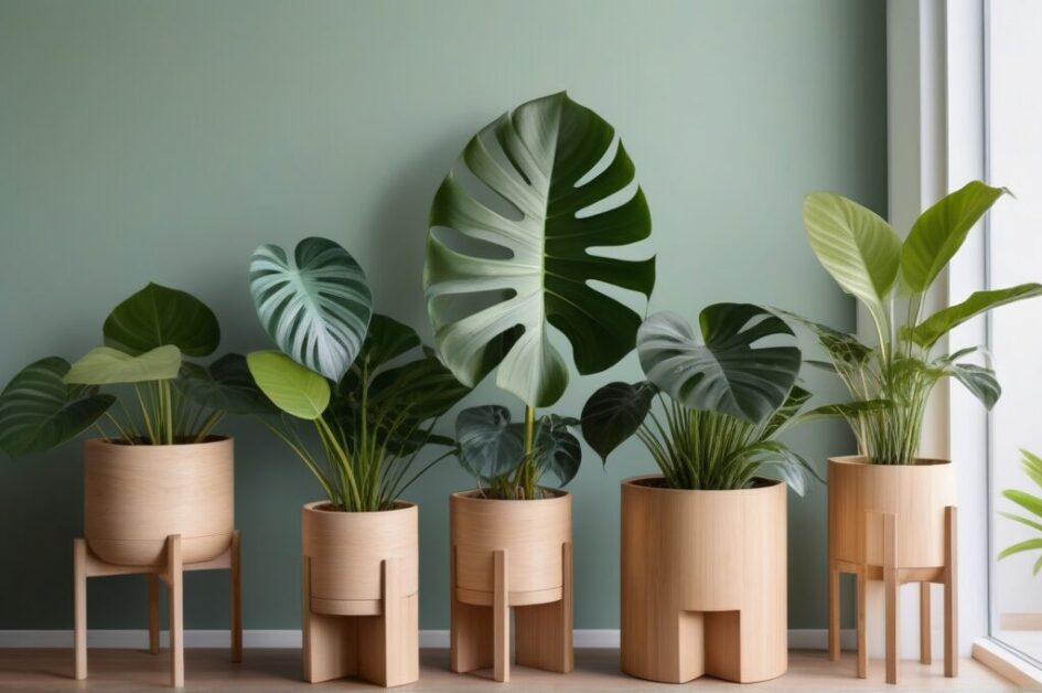 Interior moderno con macetas DIY en verde salvia y madera natural con plantas monstera y pothos, decoración biofílica
