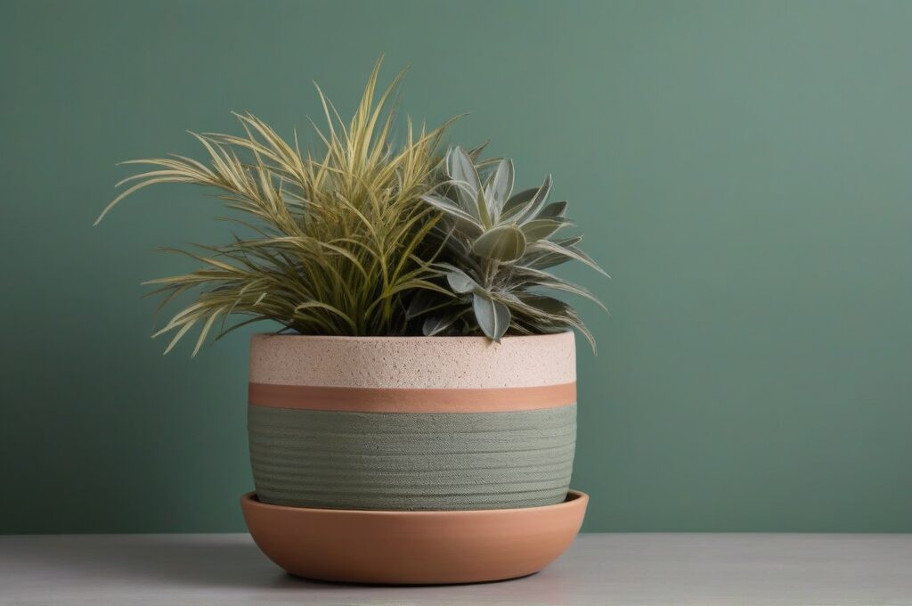 Primer plano de maceta decorativa artesanal en tonos tierra con planta verde contra pared verde salvia