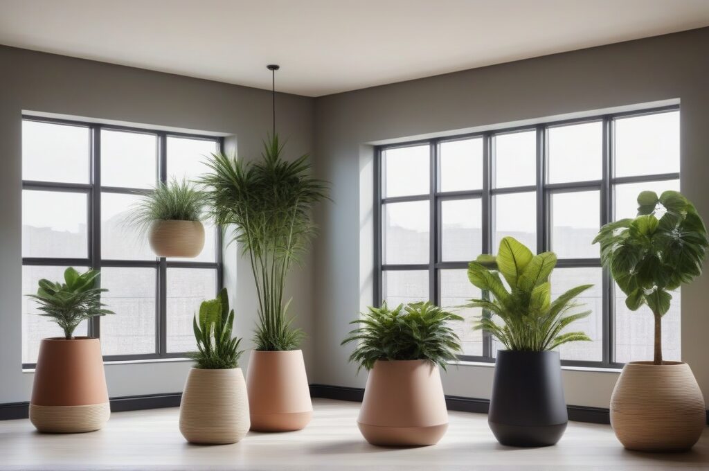 Habitación luminosa con macetas hechas a mano a distintas alturas con plantas de interior frondosas y luz natural