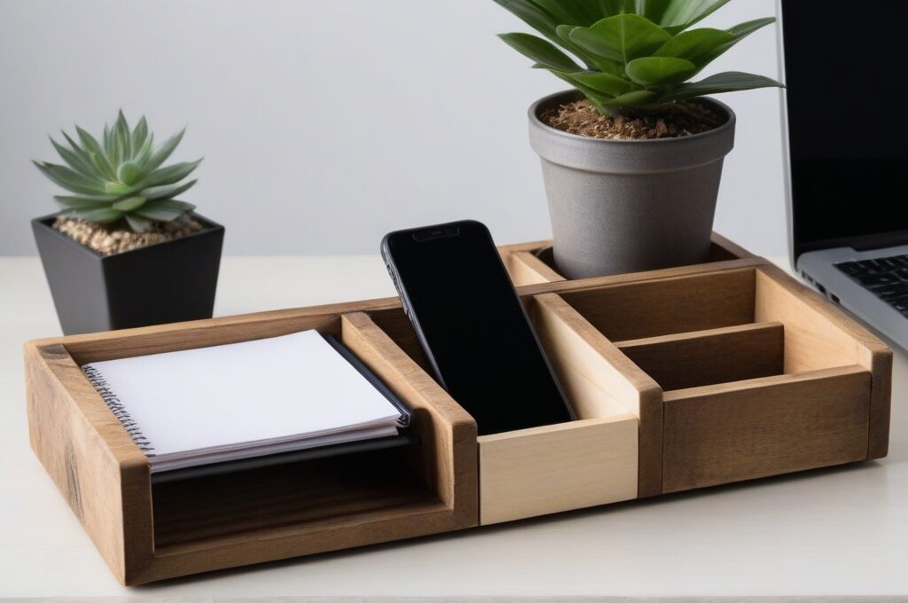 Organizador de escritorio minimalista hecho con madera reciclada con varios compartimentos sobre un escritorio limpio con plantas