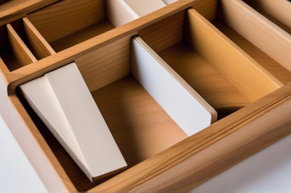 Primer plano de la textura natural de la madera en un organizador de escritorio artesanal mostrando compartimentos y acabado cuidado