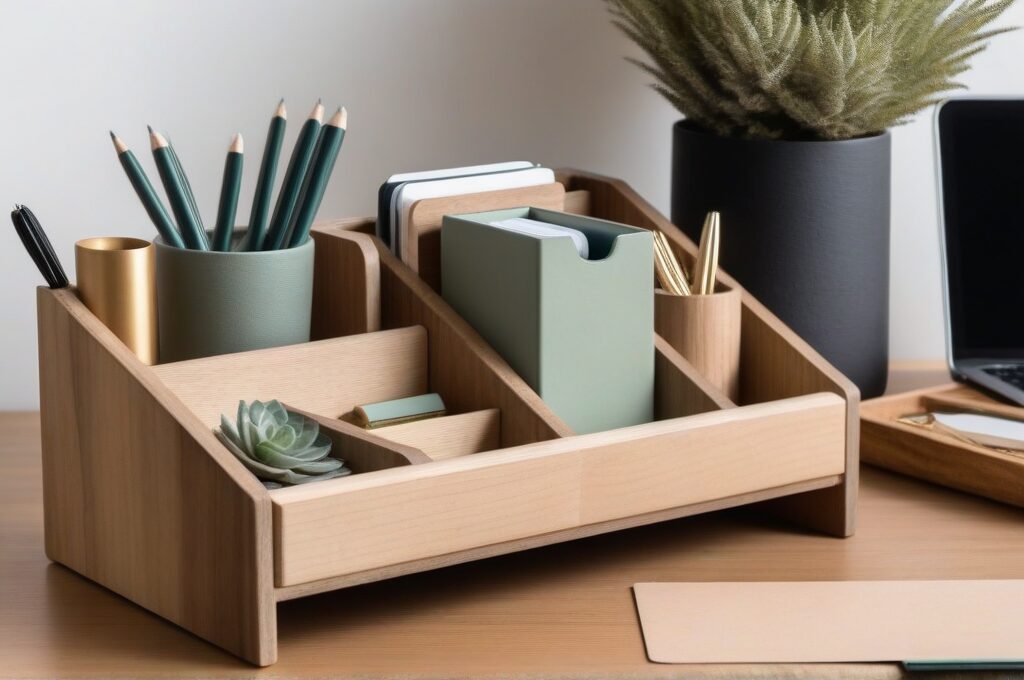 Escritorio decorado con organizador de madera personalizado en tonos naturales y salvia con material de oficina y elementos decorativos