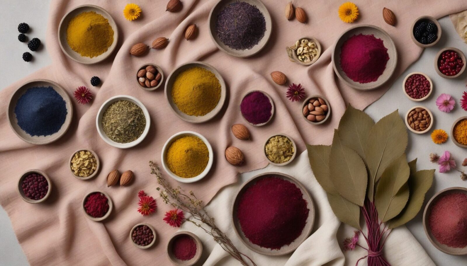 Vista cenital de ingredientes naturales para tintes caseros como flores hojas bayas y nueces junto a muestras de tela teñida