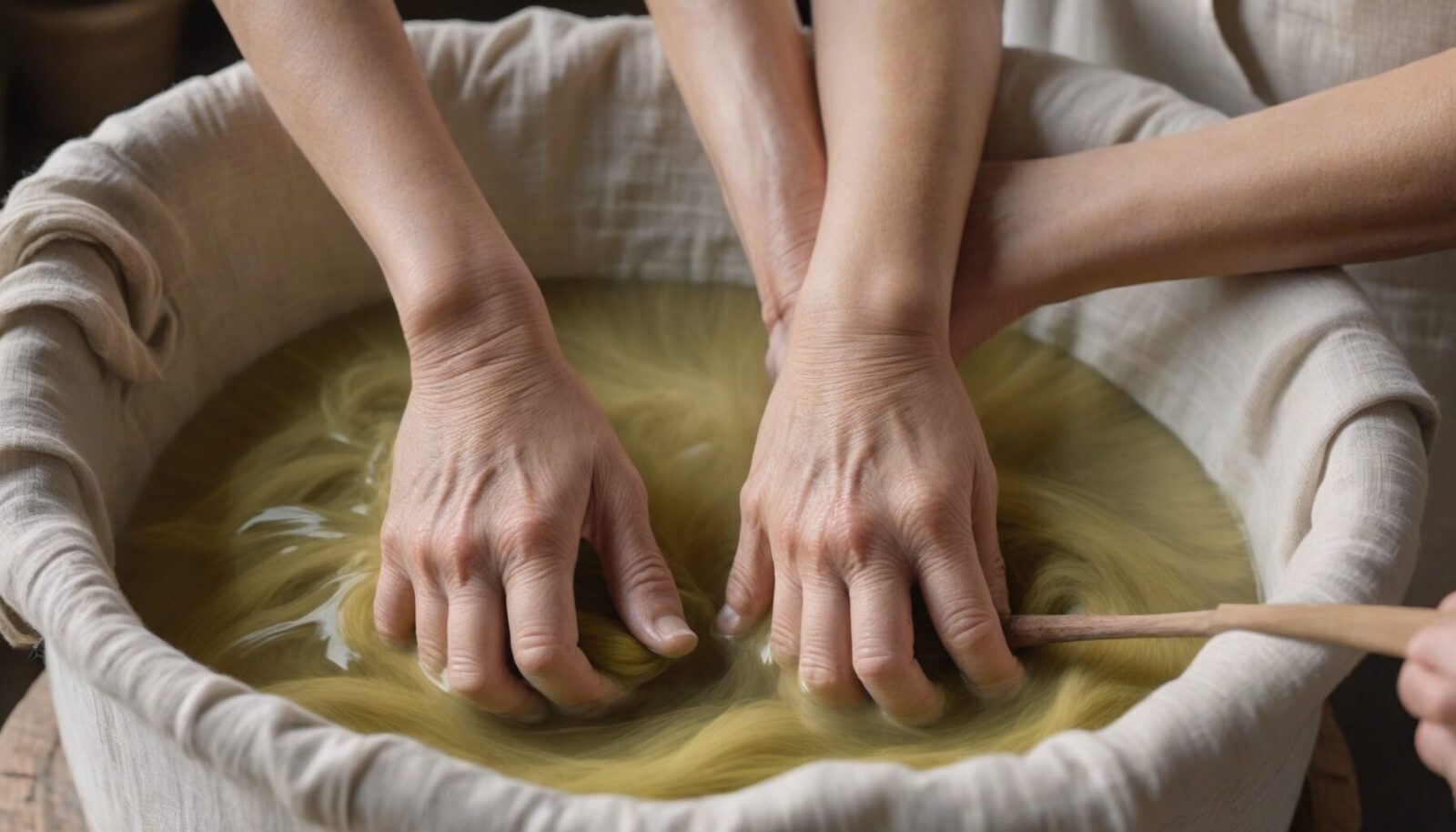 Manos sumergiendo tela de lino blanco en olla con tinte natural de plantas con vapor en taller artesanal ecológico