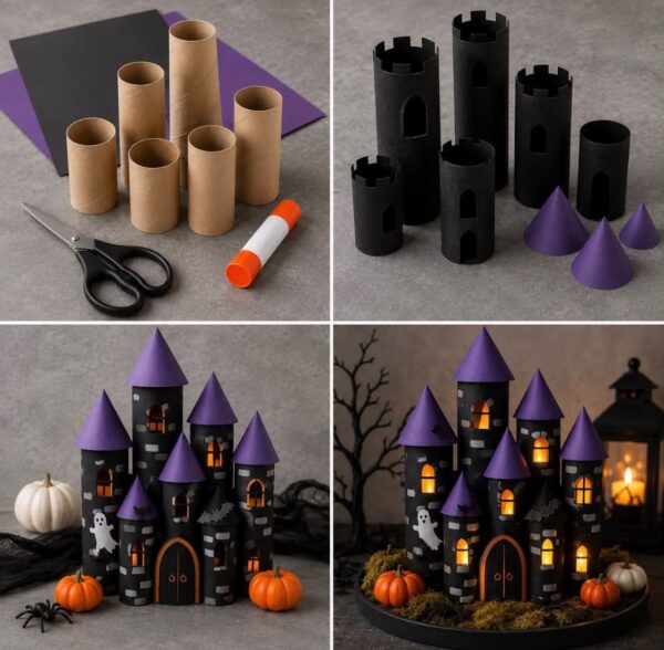 Castillo de Halloween con rollos de papel higiénico paso a paso