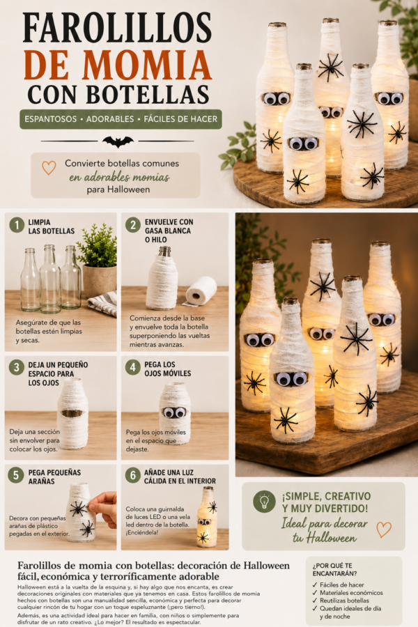 Cómo hacer momias con botellas recicladas para Halloween paso a paso